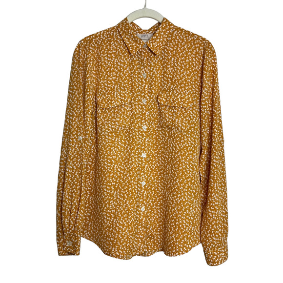 Loft Outlet Womens Blouse Small Mustard Orange Ditsy Floral Chiffon Cottagecore - Picture 1 of 5